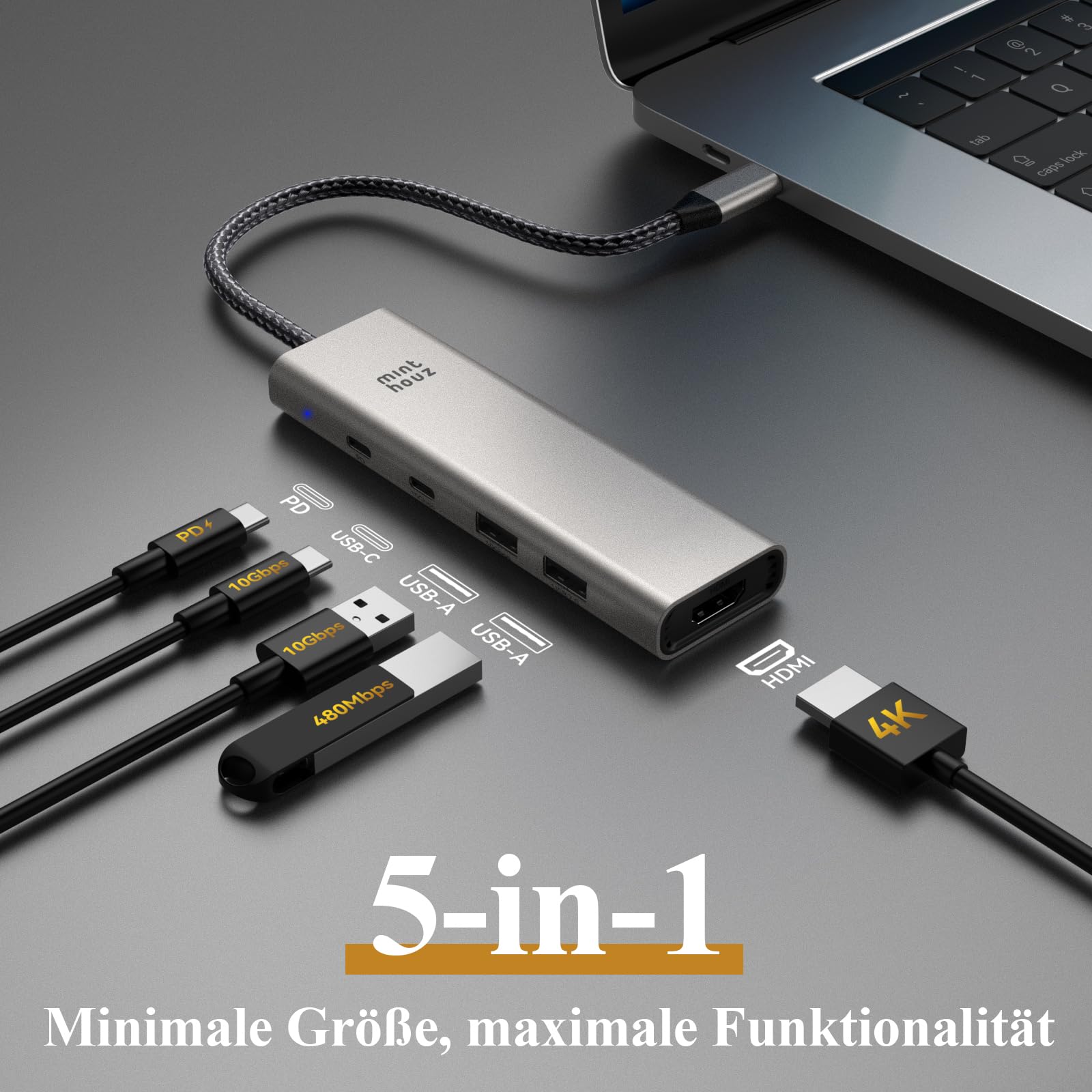 Minthouz USB C Hub, 5 in 1 USB-C Multiport Adapter, 125W PD, HDMI 4K@60Hz, 2×USB-A Port, 1×USB C 10Gbps, USB C Docking Station für Dell HP Lenovo MacBook Pro/Air/IPad Pro IMac Laptops iPhone 15 Serie 2