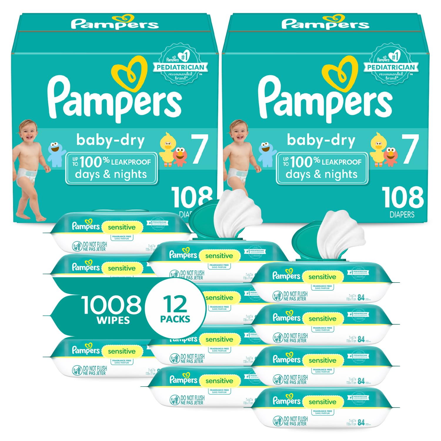 Pampers Baby Dry Disposable Baby Diapers Size 7, 2 Month Supply (2 x 108 Count) with Sensitive Water Based Baby Wipes 12X Multi Pack Pop-Top and Refill (1008 Count)