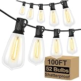 Brightever 100FT Outdoor String Lights 52 Bulbs, Waterproof Patio Lights | 2 Spare ST38 Edison Bulbs Dimmable, Connectable Plug-in LED Outdoor Lighting for Porch, Garden, Backyard, Balcony, 2700K