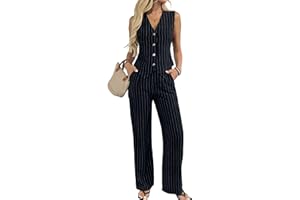 HEIPEIWA Women's 2 Piece Outfits Linen Vest Waistcoat Dressy Casual Sets Wide Leg Pants Suits
