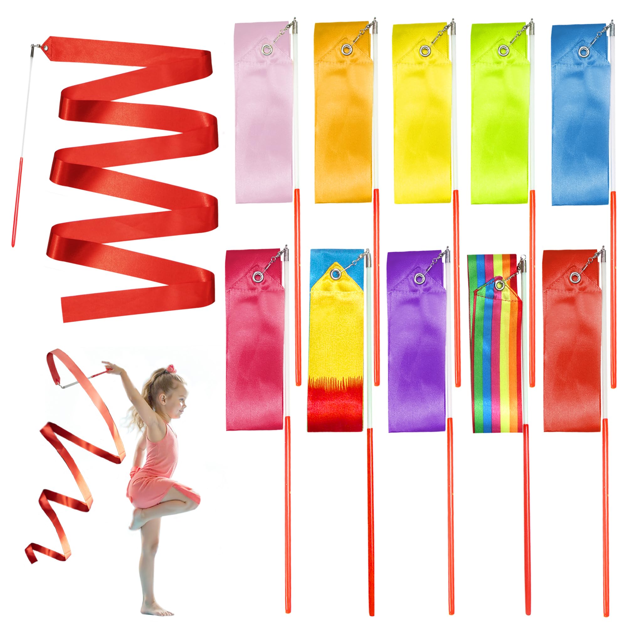 Photo 1 of Novelty Place 10 Pieces Dance Ribbons Streamers - 6.6Ft Unisex Kids' Gymnastics Ribbon with Wands - Perfect Rhythm Sticks for Talent Shows, Artistic Dancing, Baton Twirling (10 Colors)