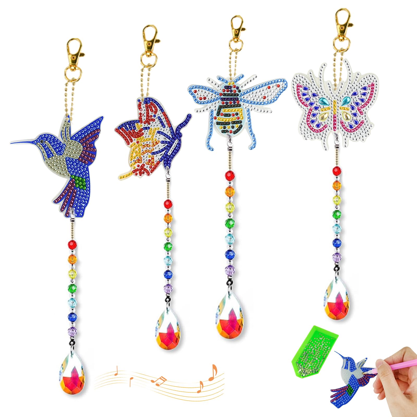 Locisne 4 Diamond Painted Insect Wind Chimes (Butterfly 2/Bee 1/Hummingbird 1), Upgraded Crystal Pendants, Fun DIYCrystal Stickers, Bright Colors, Gifts