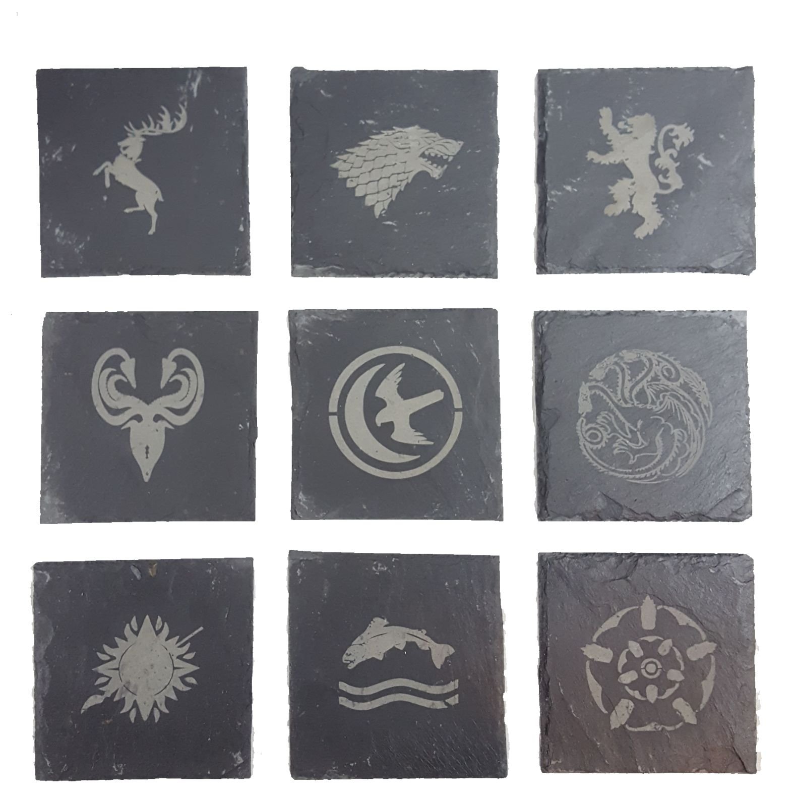 Game of Thrones Inspired Engraved House Sigils - Slate Coasters - Pack of 9