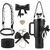 Black Accessories Set for Stanley Cup,Water Bottle Handle Strap, Siliocne Boot, Bow Straw Cover, Pearl Charms, Straw Topper for 40oz & 30oz Tumbler for Women