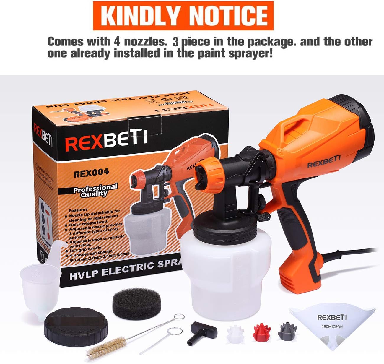 REXBETI Ultimate-750 Paint Sprayer, High Power HVLP Home Electric Spray Gun, Lightweight, Easy Spraying and Cleaning, 5-pcs Paint Strainers, 4 Nozzles(1 Nozzle has Already Been Installed on The Gun) - - 