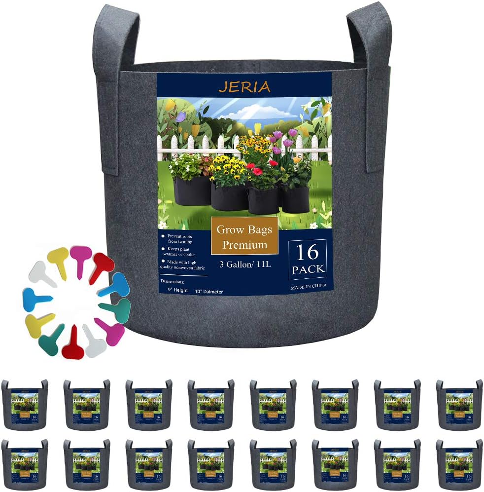 JERIA 16-Pack 3 Gallon Grow Bags, Heavy Duty Thickened Nonwoven Fabric Pots Container with Reinforced Handles, Vegetable/Flower/Plant Grow Pots Come with 16 Pcs Plant Labels : Kitchen & Dining