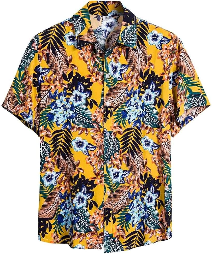Coersd Men Silk Hawaiian Shirts Casual Ethnic Pattern Short Sleeve