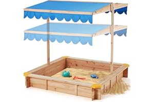 ECOTOUGE Kids Sandbox with Cover(47.2” x 47.2” x 47.2”), Wooden Sand Box Toys for Toddlers Age 2-4, Two Beach Seats, UV-Resistant & Adjustable Height Roof Sand Protection for Outdoor, Natural & Blue
