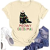 Christmas Shirts for Women Meowy Christmas Tshirt Cat Graphic Tee Short Sleeve Cat Lover Gifts Tops