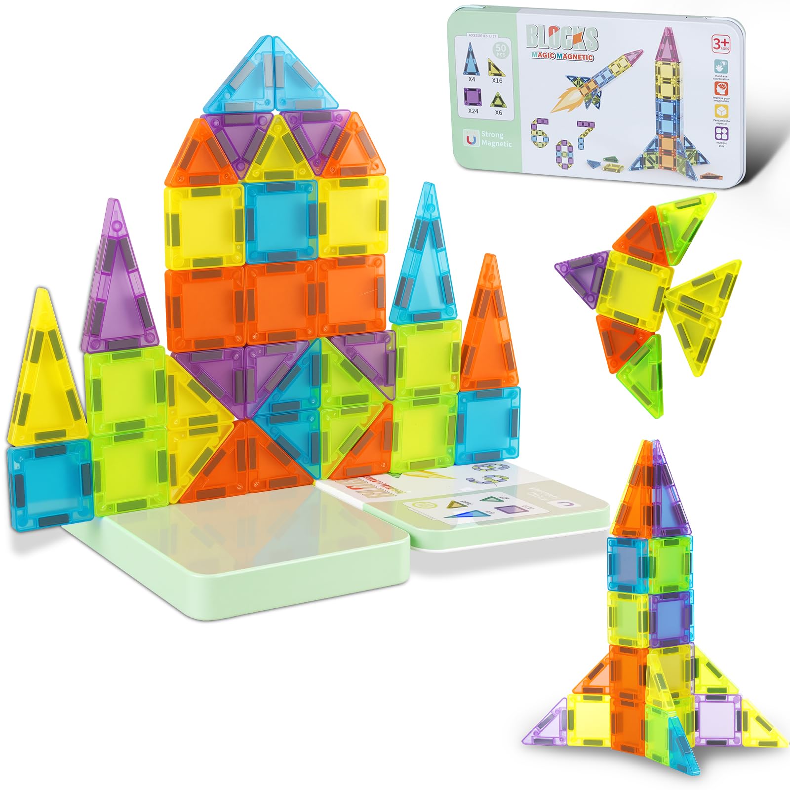 Mini Magnetic Tiles Travel magnetic blocks with Iron Box,50PCS Magnet Building Blocks Set Travel Toys for Kids Ages 3+,Portable Magnet blocks Toys Gifts for Toddlers Boys & Girls Christmas Birthday