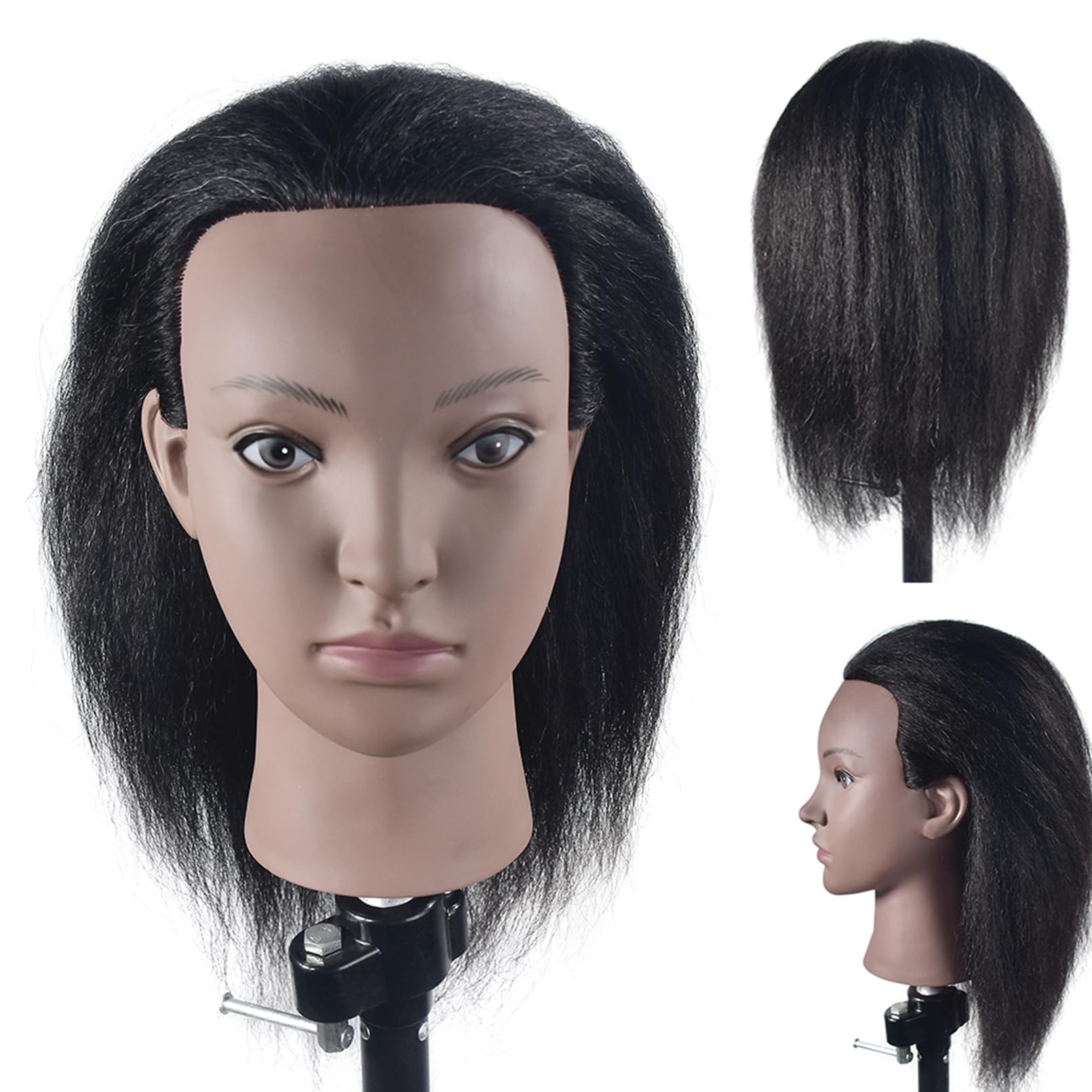RUISIMEI Cosmetology Training Head 100% Real Hair Afro Mannequin Head Manikin Doll Head (Clamp Table Holder Includ)