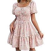 Floerns Women's Boho Square Neck Puff Short Sleeve Self Tie Front A Line Dress