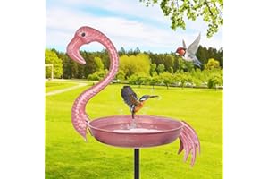 giole Pink Flamingo Bird Baths for Outdor, 12 Dia Metal Bird Bath Bowl with 5 Prongs Ground Stake, Rustproof Birdbaths for Garden, Yards Lawn Patio, Bird Lovers Gift