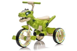 NEWDOOD Dinosaur Kids Tricycle for Rider, Toddlers Kid Trike Bike Big Wheel with Wide Flash Wheels, Anti-Slip Pedals, Storage Basket, Music & LED Lights, Kids Bike for 3-6 Year Old Girls & Boys (Green)