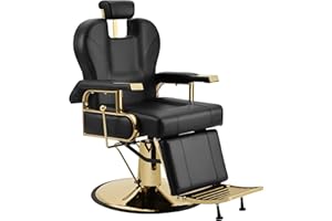 KIIUMI Barber Chair for Barbershop, Professional Reclining Salon Chairs for Hair Stylist, 360° Swivel Heavy Duty Styling Hairdresser Braiding Chair Beauty Shampoo Equipment, Adjustable Headrest, Black&Gold