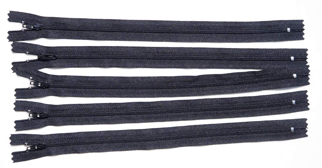 Pack of 5 YKK Nylon Black Closed end Zip 8,9,10,11,12,15,20. Size 3. (20 inch)
