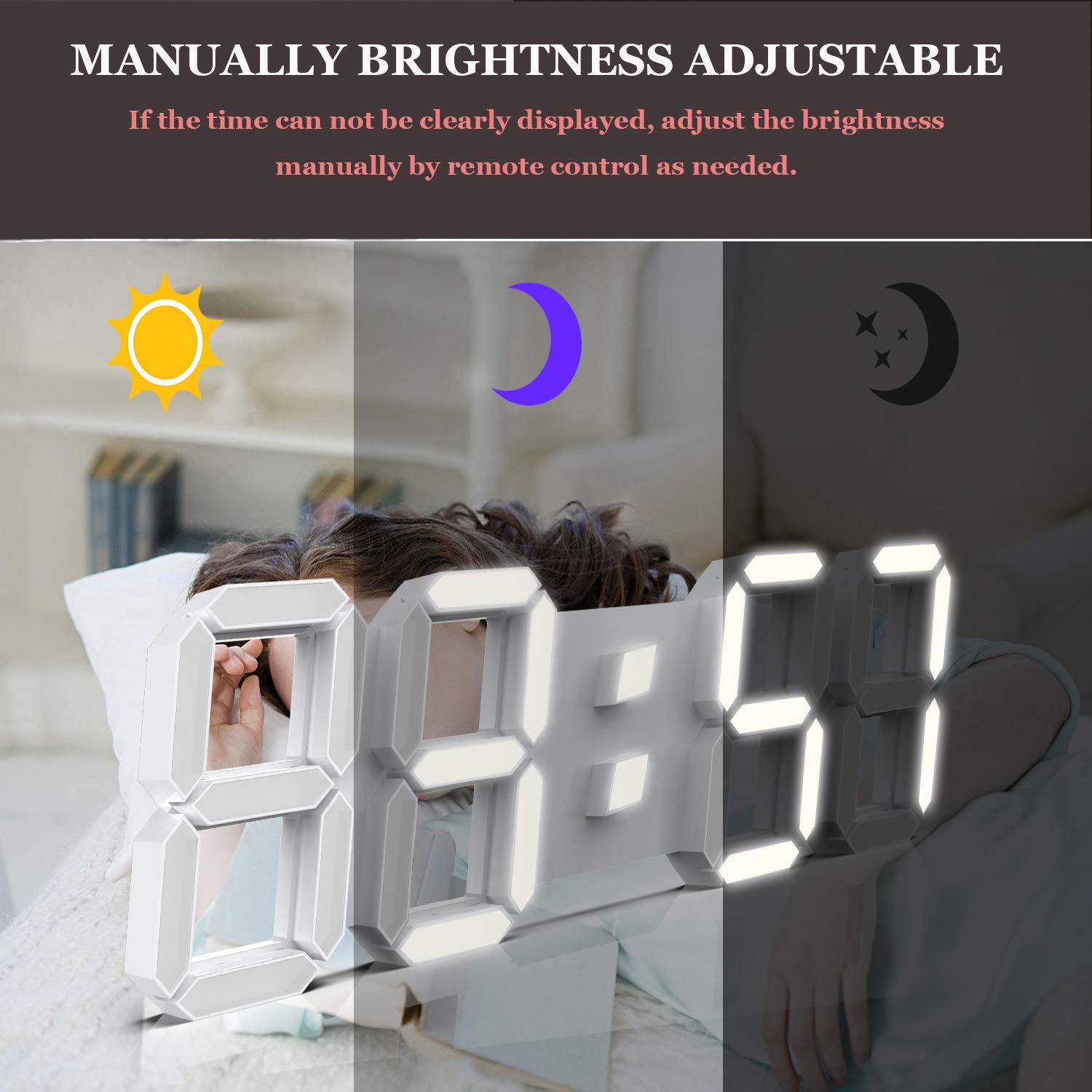 3D LED Digital Wall Clock 15 Inch with Remote Control Large Timer Nightlight Brightness Adjustable for Office Home Hotel Big Room