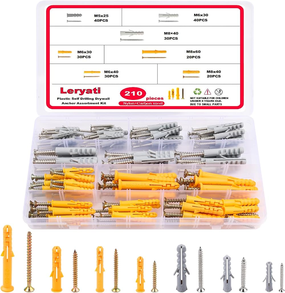 Leryati 210Pcs Screws and Wall Plugs Set M5 M6 M8 with Anchors Kit
