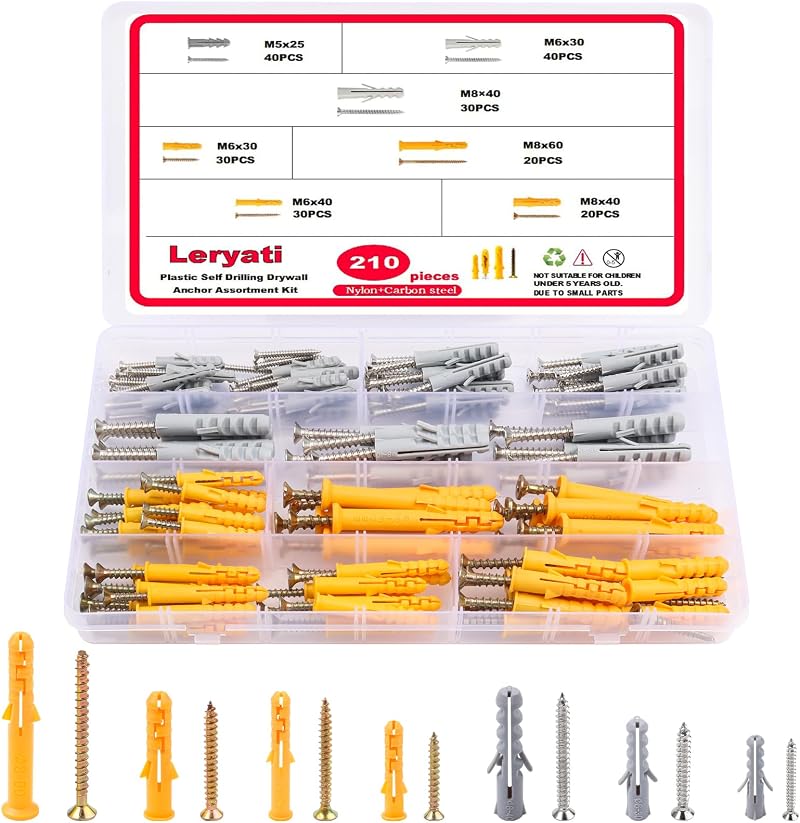 Leryati 210Pcs Screws and Wall Plugs Set M5 M6 M8 with Anchors Kit