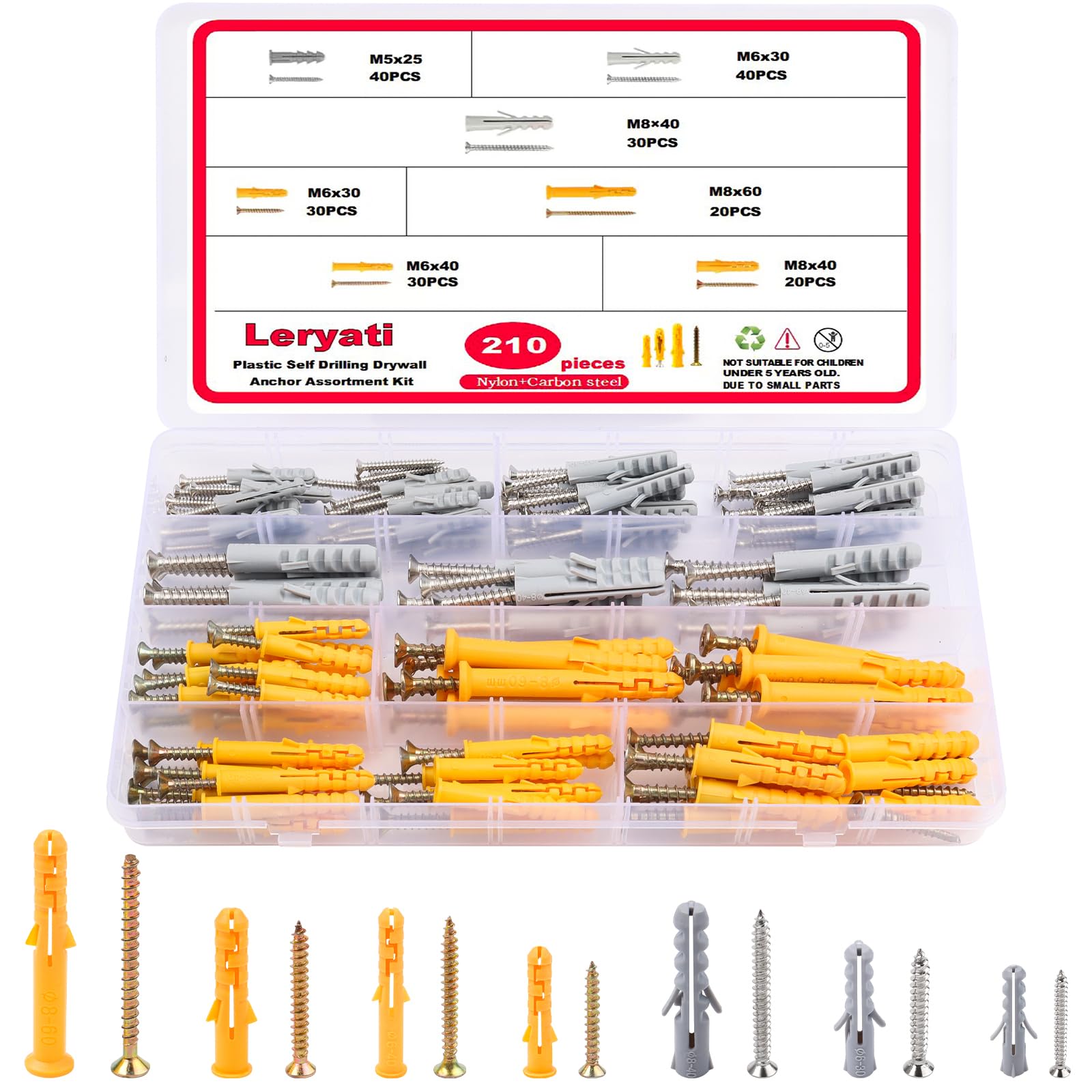 210pcs Screws and Wall Plugs Set, Leryati M5/M6/M8 Wall Plugs and Screw (105 x Masonry Screws, 105 x Expansion Anchor Bolts), Plastic Walls Anchors and Screw Kit for Walls Hanging and MountingTV Mount