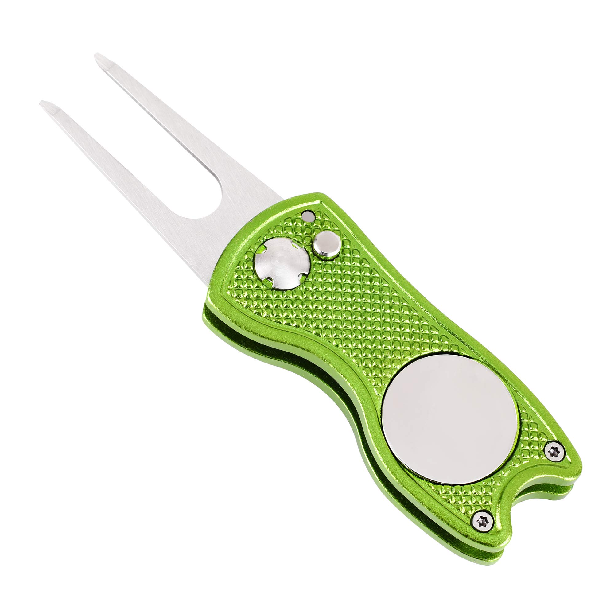 Mile High Life All Metal Foldable Golf Divot Tool with Pop-up Button & Magnetic Ball Marker (Lime Green Fish)