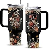 Uibunoo Goth Gifts for Women, 40 Oz Flower of Darkness Tumbler with Handle & Straw, Goth Water Bottle, Thanksgiving Christmas Birthday Gift for Goths Lover Snake Lovers, Goths Tumbler, 1 PCS