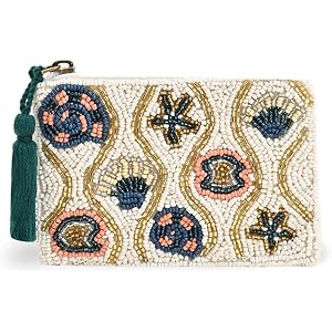 America & Beyond Coastal Shell Beaded Pouch, White, Starfish and Seashell Design, Tassel Zipper, 5 x 3.5 Inches