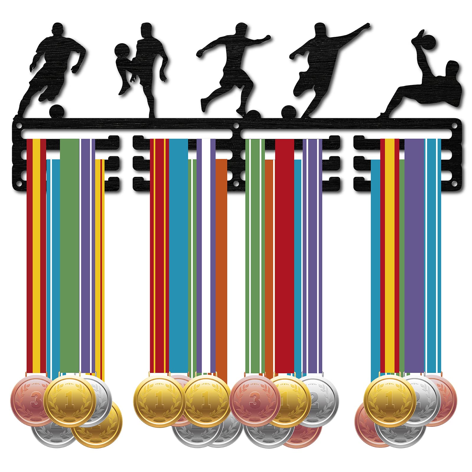 CREATCABIN Football Medal Holder Sport Soccer Player Medals Display Stand Wall Mount Hanger Decor Black Wood Medal Holders for Games Runners Home Badge Storage 3 Rows Hanging Over 60 Medals