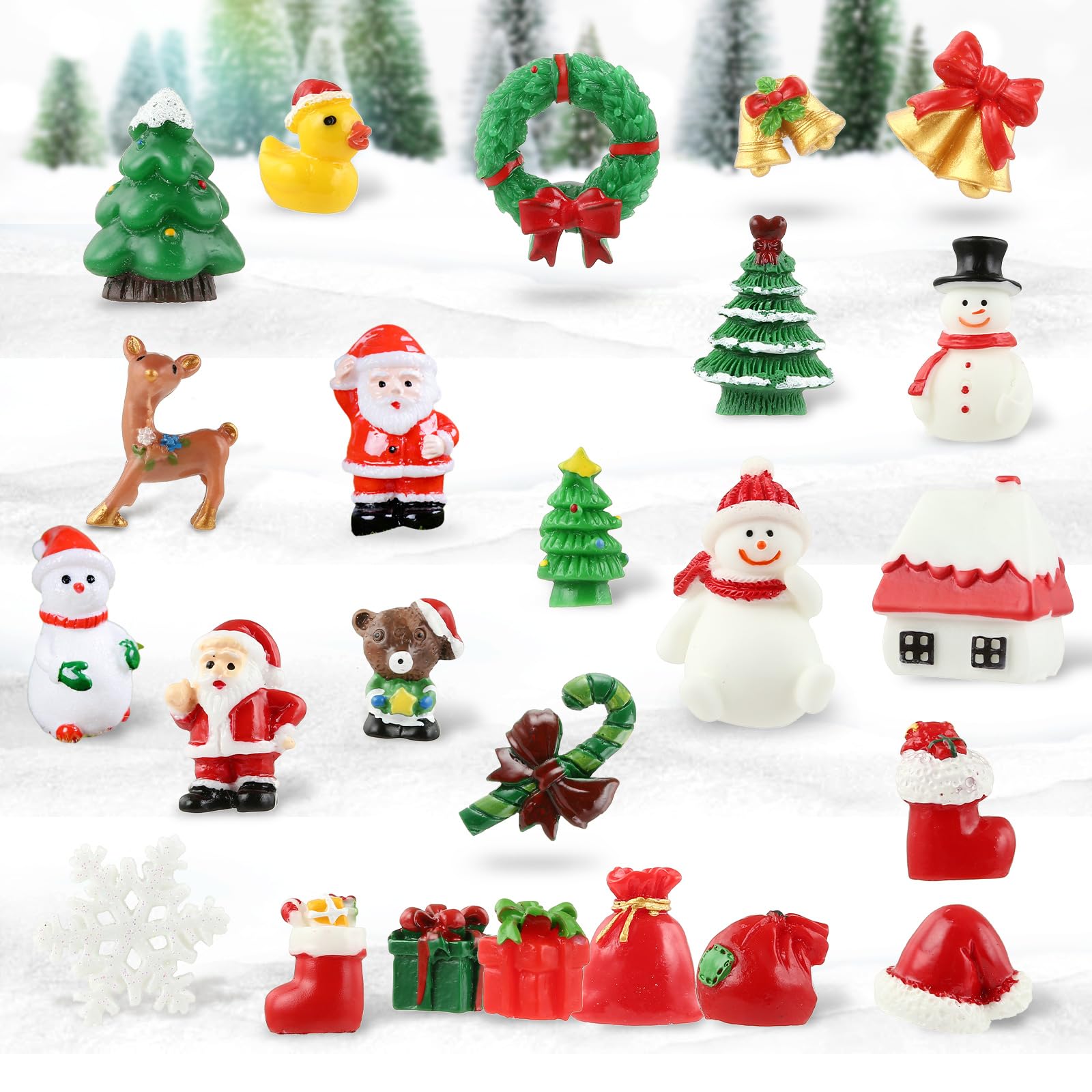 Naler 24pcs Mini Christmas Ornaments Decorative Figurine Resin Kit with Santa Claus, Reindeer, Jingle Bell, Snowflake for Advent Calendar, Christmas Decorations, Table Decor, Birthday Party, Xmas Gift