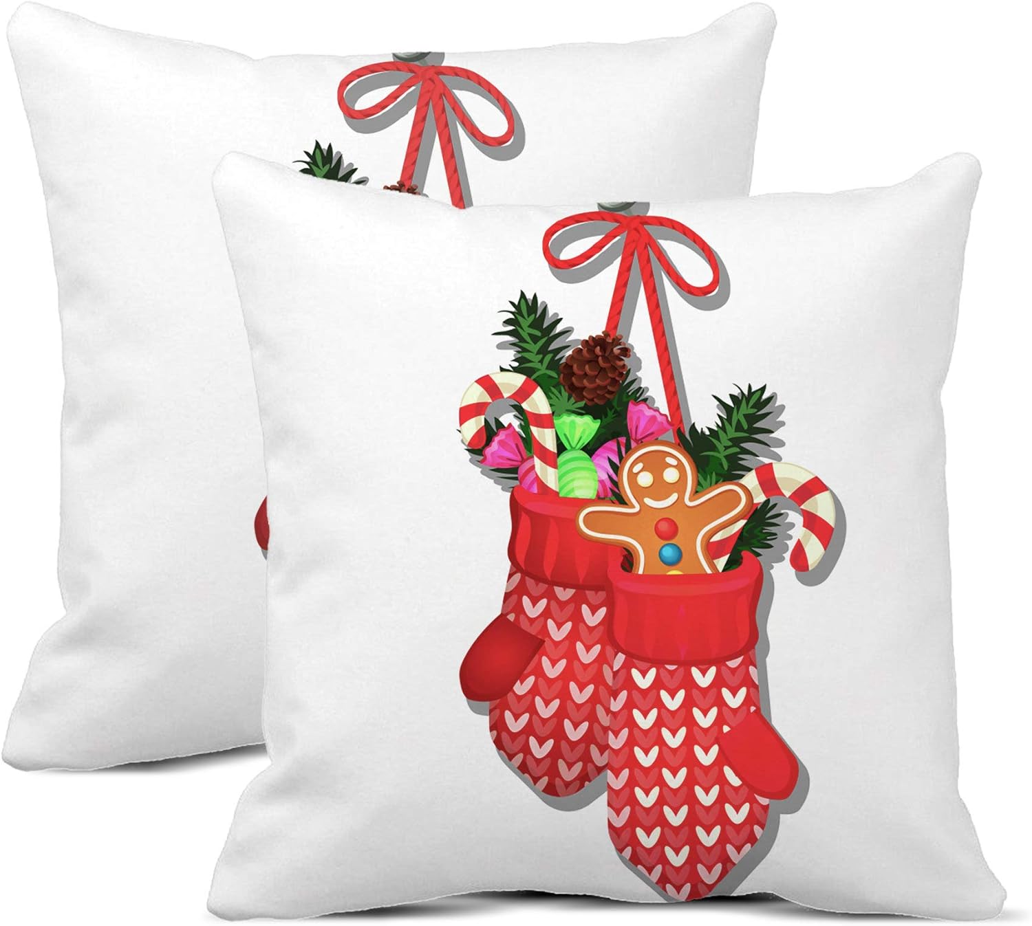rouihot Set of 2 Throw Pillow Covers 20x20 Inch Christmas Toy Form of Red Winter Mitten with Twigs Spruce Gingerbread Man on White Home Decor Pillowcases Square Cushion Covers for Sofa Bed