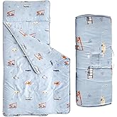 DuShow Cotton Toddler Nap Mat for Boys,Roll Up Slumber Bags Cars Pattern,Toddler Nap Mat with Removable Pillow and Blanket, Kids Sleeping Mat for Daycare,Preschool and Kindergarten-Blue