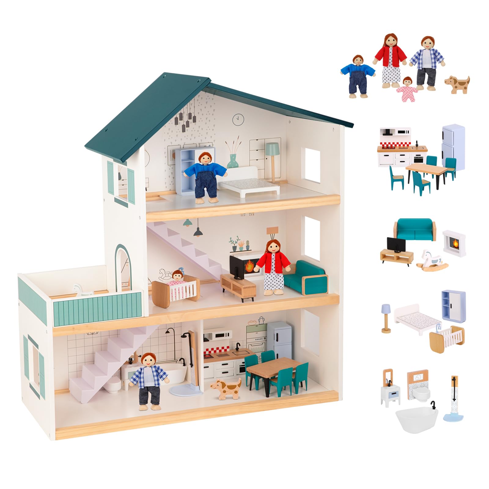 OOOK Wooden Dolls House for Kids, Dollhouse with Simulated Luxury Furniture Set, Pretend Playset Doll House for Girls Toddlers (Including 4 Family Dolls and a Dog)