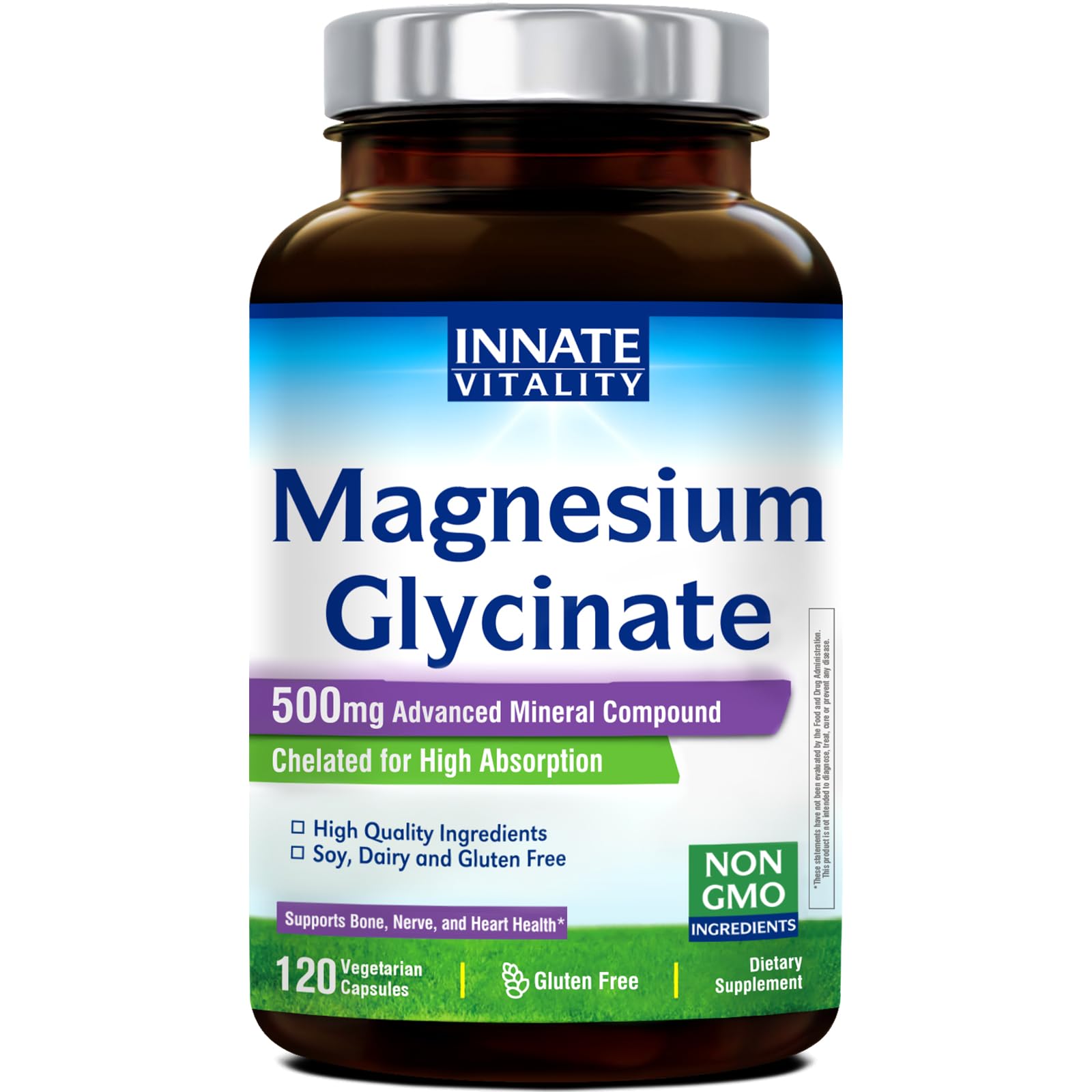Innate Vitality Magnesium Glycinate 500mg | 70mg Elemental Magnesium Supplement- High Absorption, Non Buffered, Non-GMO & No Gluten - Nerve, Muscle, Bone Health - 120 Vegan Capsules Magnesio