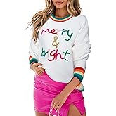 Christmas Sweater Womens Merry Bright Sweatshirt Sweater Casual Sequin Long Sleeve Pullover Sweatshirt Tops