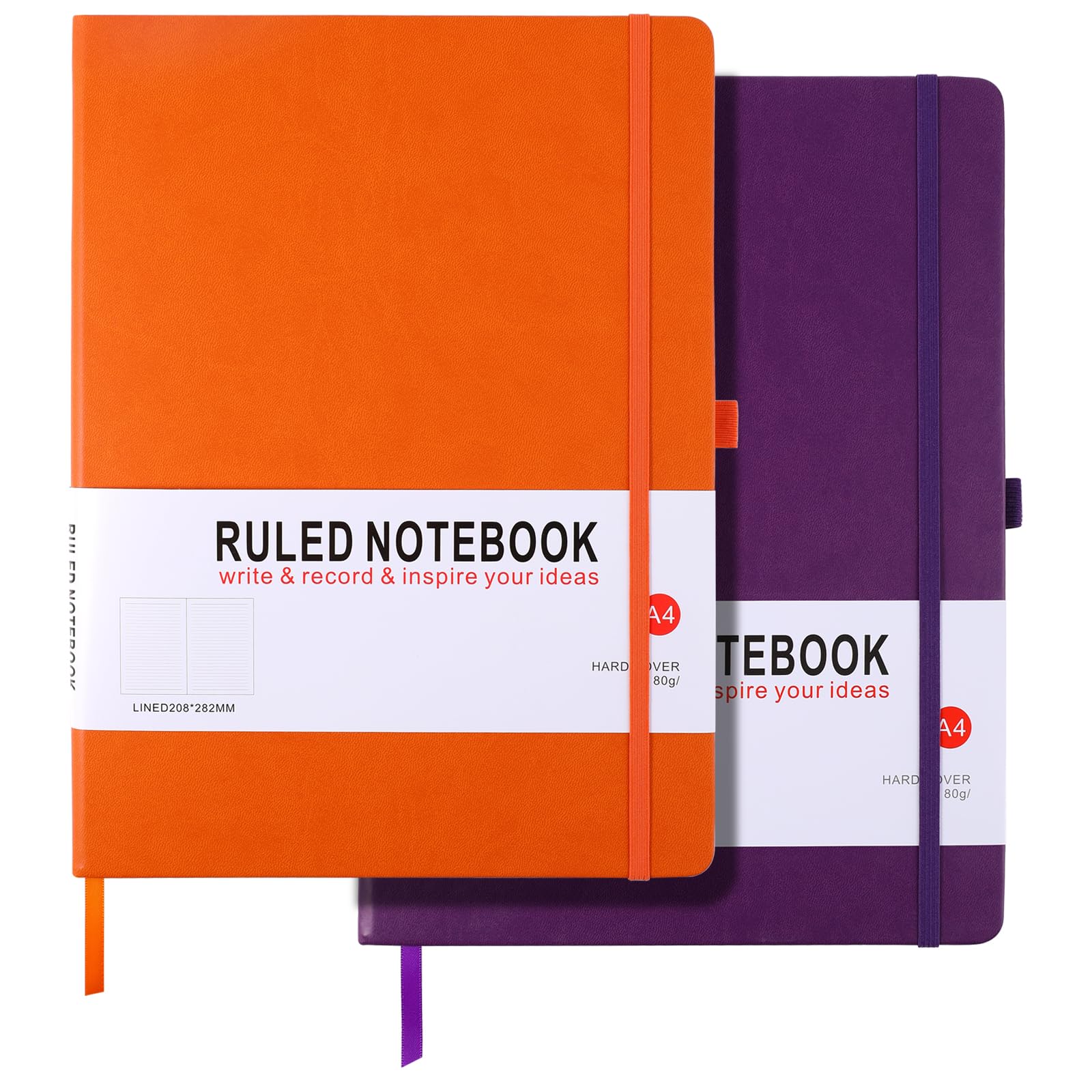 HIJYOO 2 Pack Notebook A4 Ruled Journal Notebook Hardcover Notepad with Bookmark Composition Notebooks, Pen Loop, and Elastic Closure, 8.3" X 11.35"，(Purple+Orange) — image 1