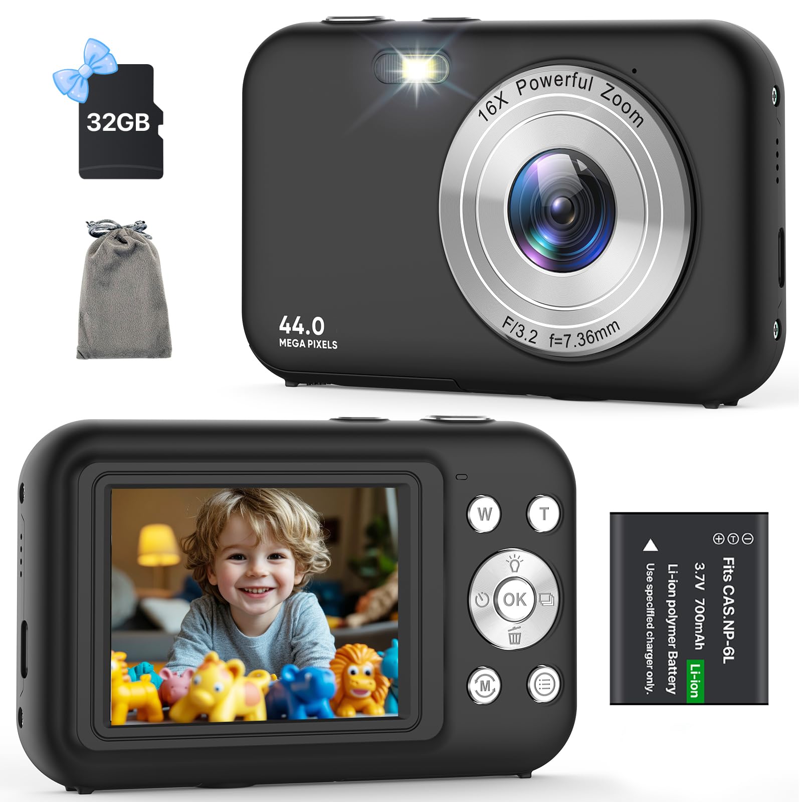 Digital Camera, Kids Camera with 32GB Card, FHD 1080P 44MP Vlogging Camera, 16X Zoom Point and Shoot Digital Camera Compact Portable Rechargeable Cameras for Teens Boys Girls Students Seniors-Black