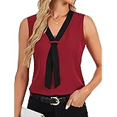 Rooscier Women's Colorblock V Neck Sleeveless Loose Fit Office Blouse Tank Top Shirt