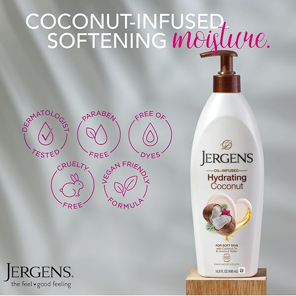 JERGENS HYDRATING COCONUT BODY LOTION, HAND AND BODY MOISTURIZER HYDRATES DRY SKIN INSTANTLY, INFUSED WITH COCONUT OIL, DERMATOLOGIST TESTED, 16.8 OZ