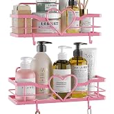 FLCITY Pink Shower Caddy with 4 Removable Hooks, 2 Pack Sweet Heart Shower Shelves,No Drilling Adhesive Organizer Shelf for Bathroom Shower,Kitchen,Bedroom