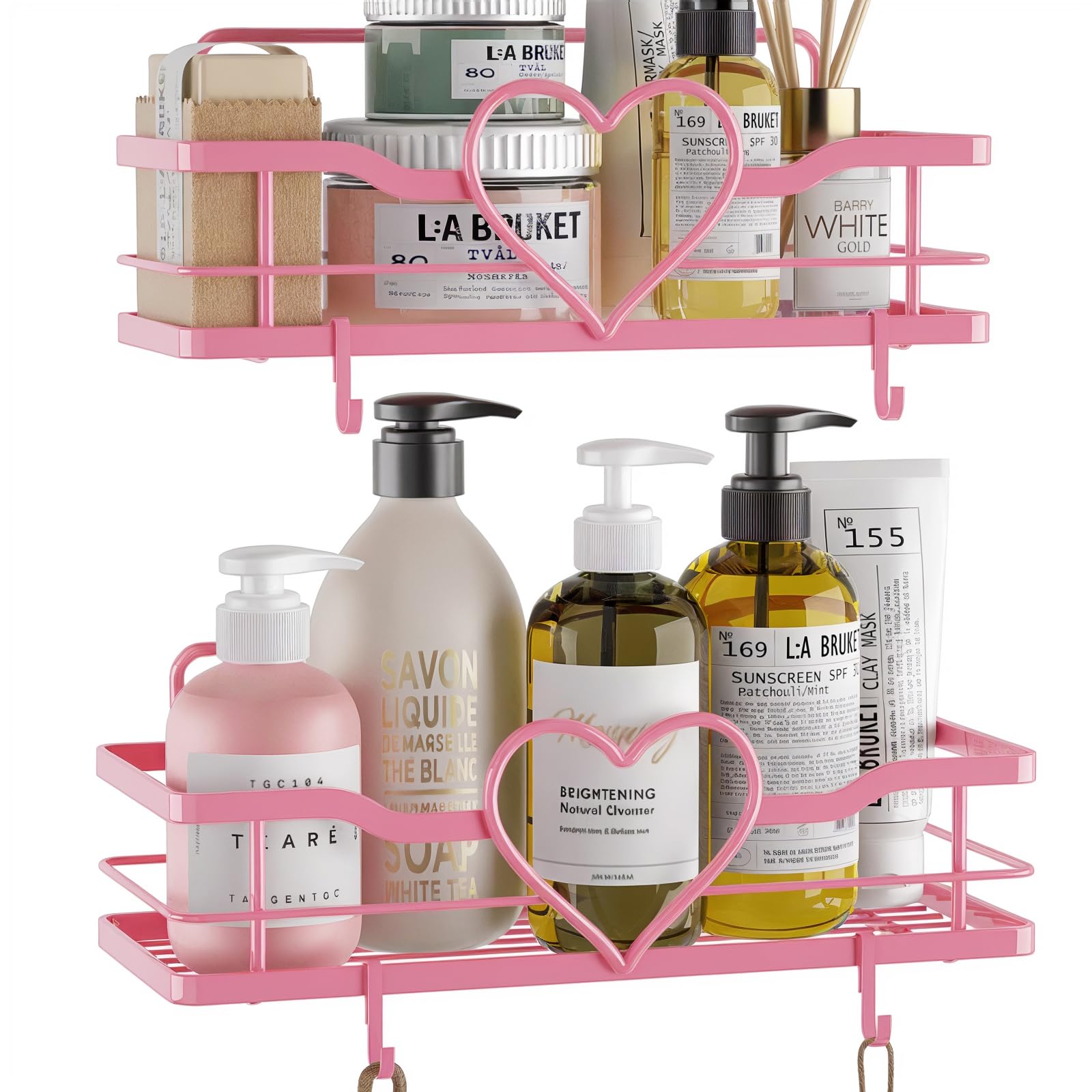 Photo 1 of FLCITY Pink Shower Caddy with 4 Removable Hooks, 2 Pack Sweet Heart Shower Shelves,No Drilling Adhesive Organizer Shelf for Bathroom Shower,Kitchen,Bedroom
