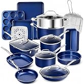 GRANITESTONE Ceraluxe 20 Pc Ceramic Cookware Set Nonstick, Diamond Infused | Pots and Pans Non Stick, Deep Frying Pan &amp; Bakeware Set Included, Non Toxic PFAS-Free, Oven &amp; Dishwasher Safe, Blue