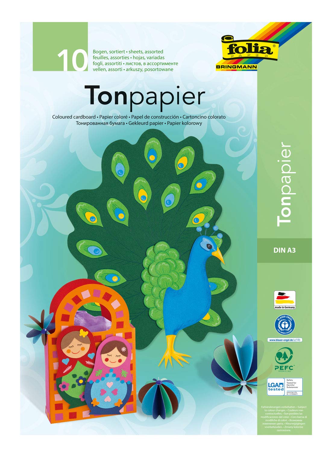 folia 603 – Pad with Coloured Paper, 130 g/m², DIN A3, 10 Sheets, Assorted in 10 Colours, Ideal Base for Various Crafts, Such as Window Pictures, Scrapbooking, Card Making