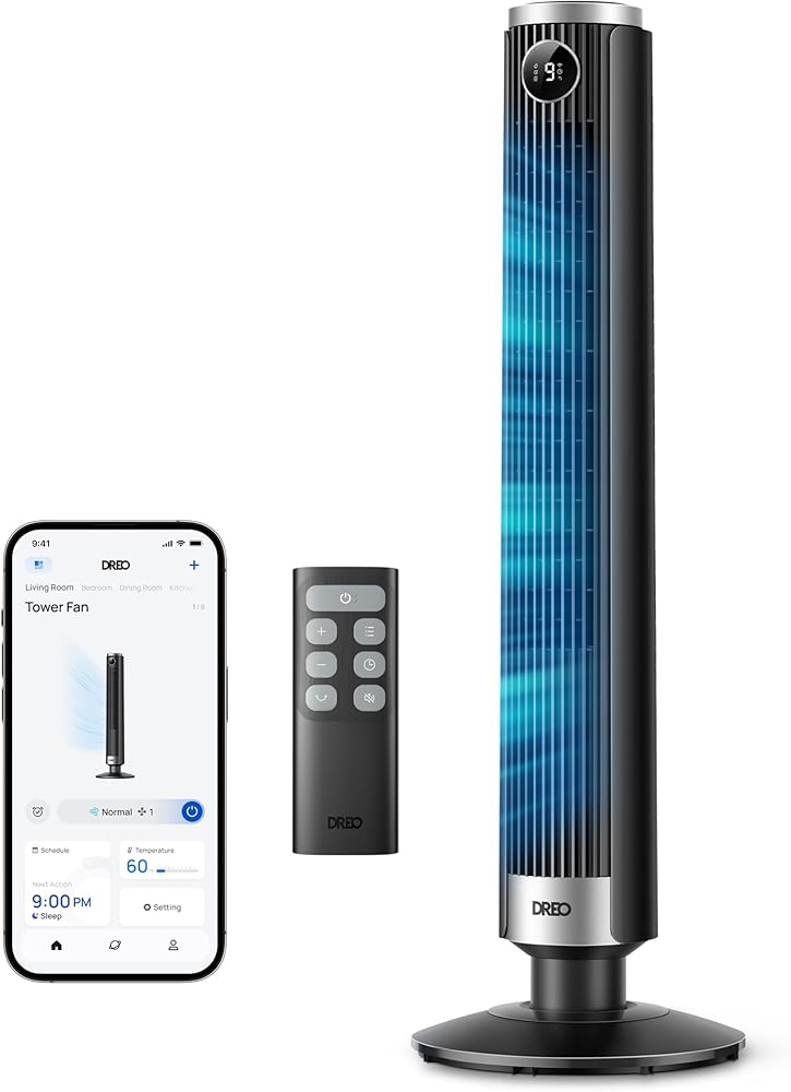 DREO Smart 40”-45” Tower Fan for Bedroom, Adjustable Height, 28 ft/s Velocity, DC Motor, 9 Speeds, 4 Modes, 90°Oscillating, S