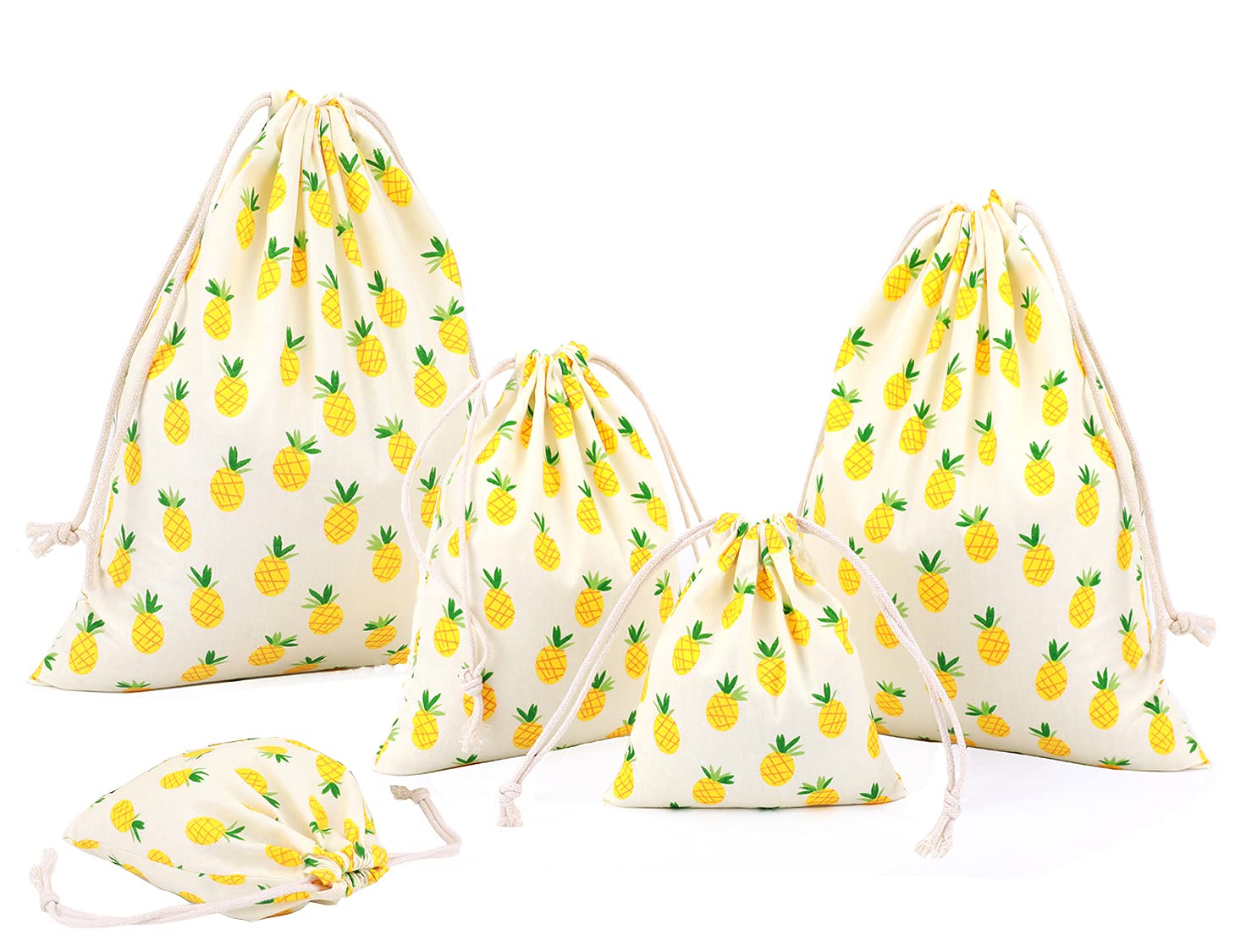 Amoyie 6 pcs Organiser Bag Set with Drawstring, Cotton Fabric Pouch for Cosmetic Toy Kids Clothes Diaper - Pineapple