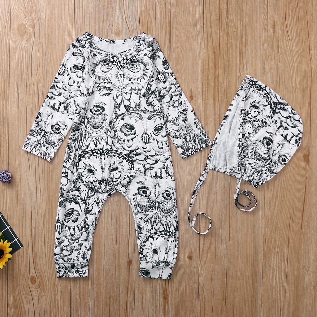 Newborn Cartoon Rompers, Baby Boy Girl Jumpsuit Infant Toddler Owl Print Long Sleeve Cotton Pajamas Playsuit Homewear Sleeping Hat Outfits (White, 0-6 Months)