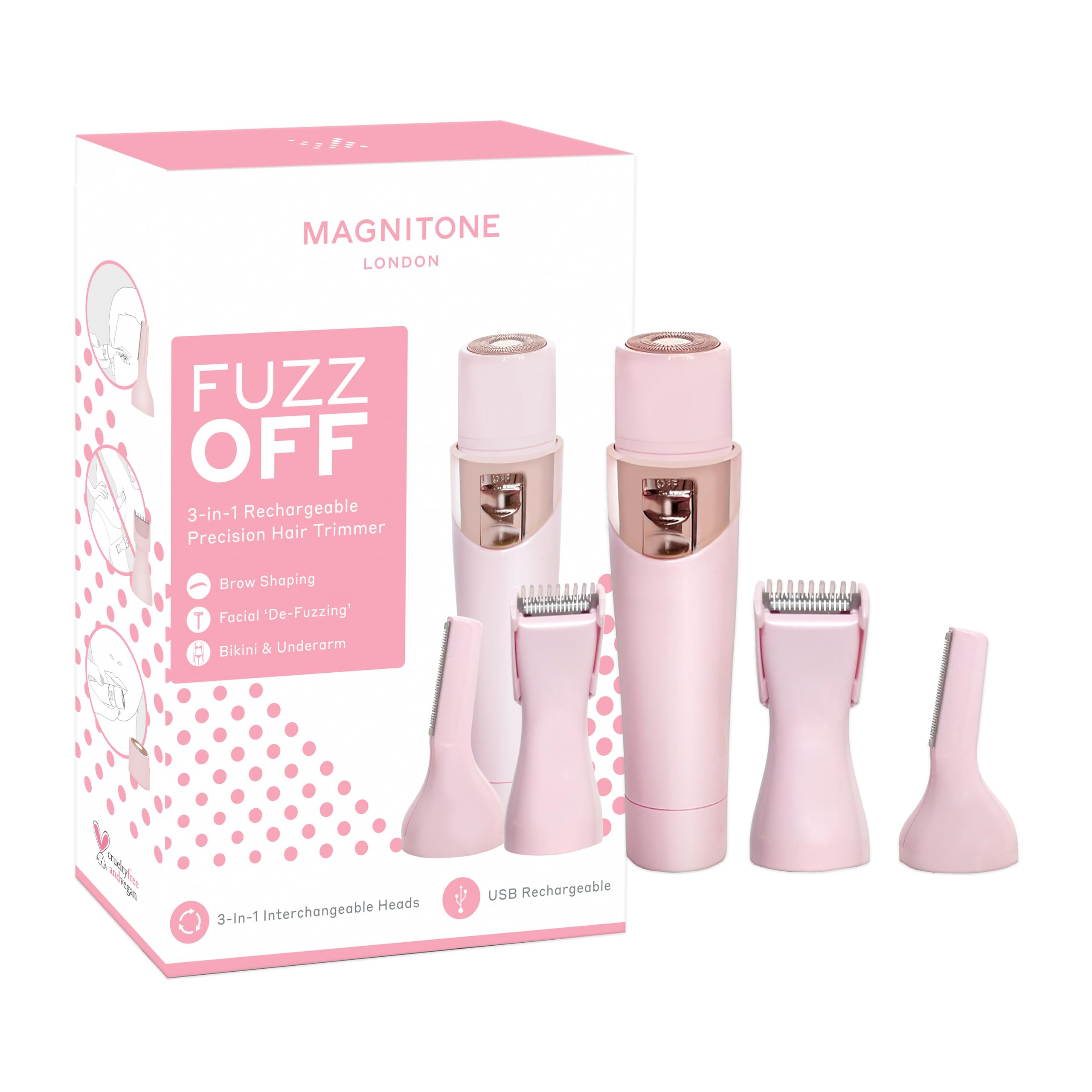 Magnitone FuzzOff 3-in-1 Rechargeable Ladies Precision Hair Trimmer Depilator for Face, Jawline, Upper Lip, Eyebrows, Body, Underarm and Bikini Line