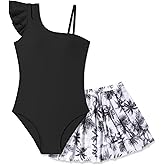 Glaoly Girls Swimsuit One Piece Swimwear Top with Tropical Print Cover Up Skirt Girls Bathing Suit 7-16 Years