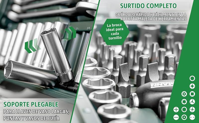 Mannesmann M98430 - Caixa com chaves de encaixe e outras ferramentas (215 peças, tamanho: 12x36x51 cm), Cor Verde Mannesmann
