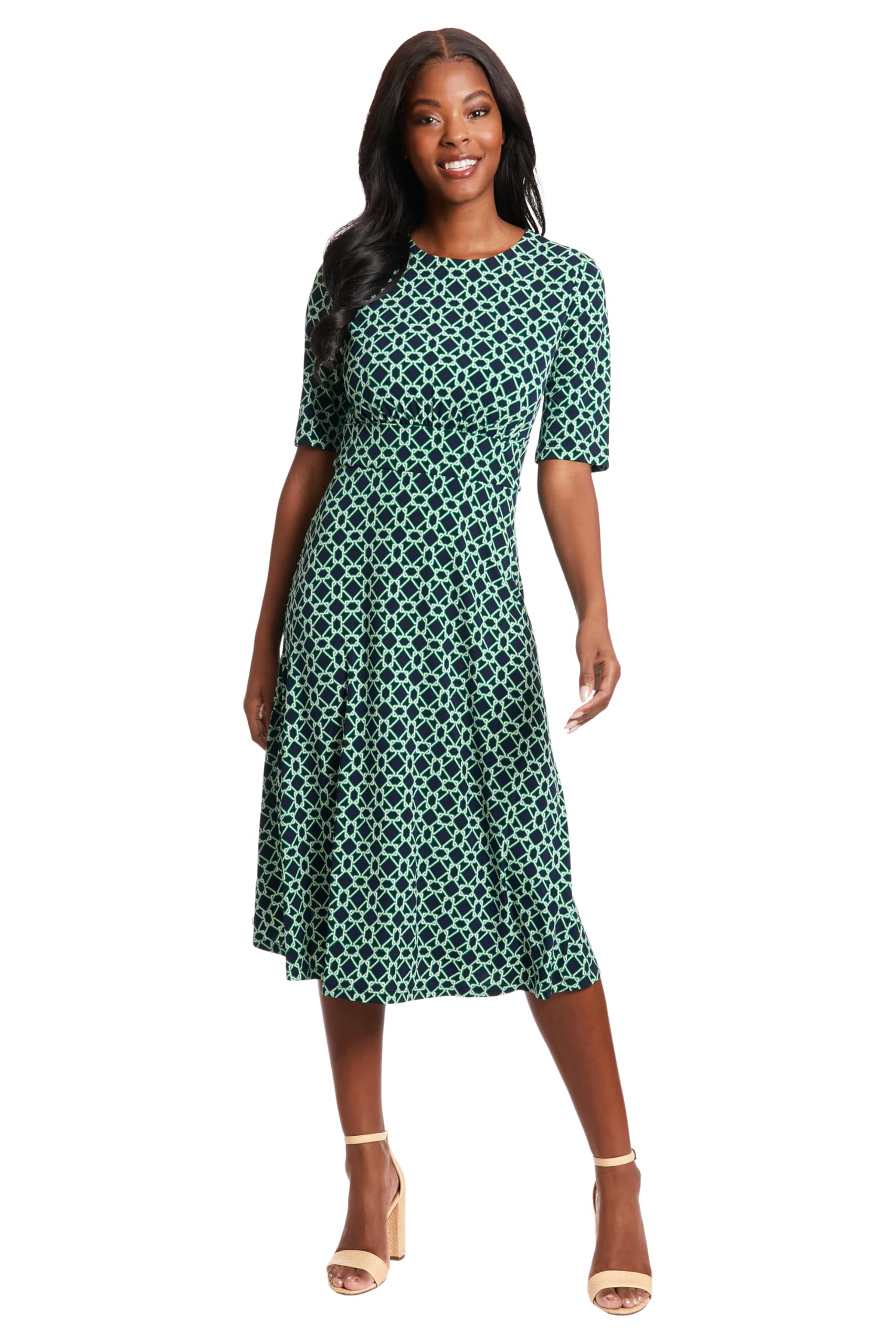 London Times Women’s Dresses Inset Waist Midi Dress Career Office Occasion Guest of, Hexagon Geo – Navy/Soft Ivory, 12
