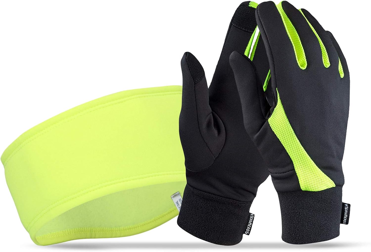 TrailHeads Tempo Running Headband -Under Helmet Ear Protection and Lightweight Touchscreen Running Gloves - hi-vis (small): Clothing